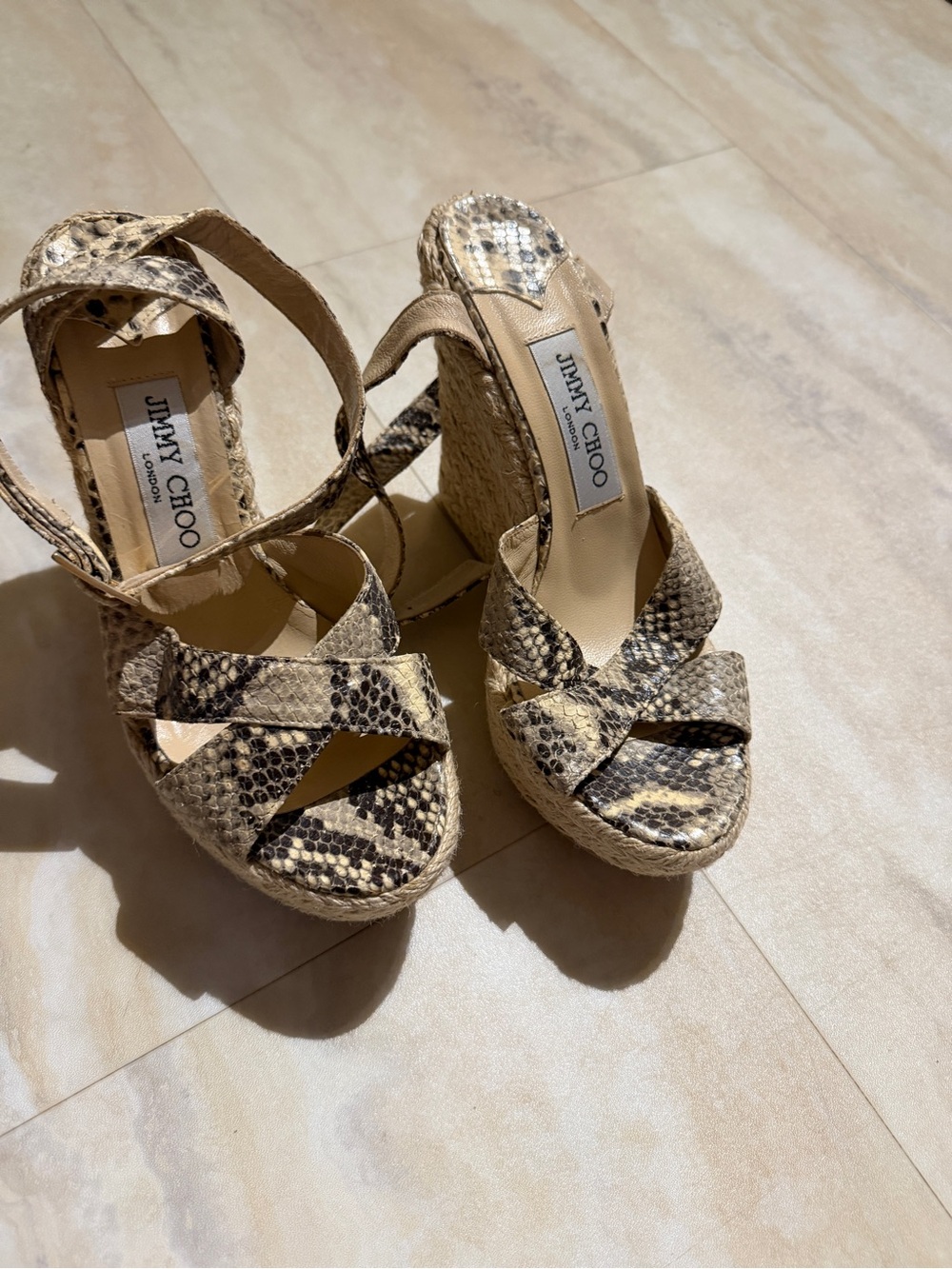 Jimmy Choo Beige Snake-Print Espadrille Wedge Sandals